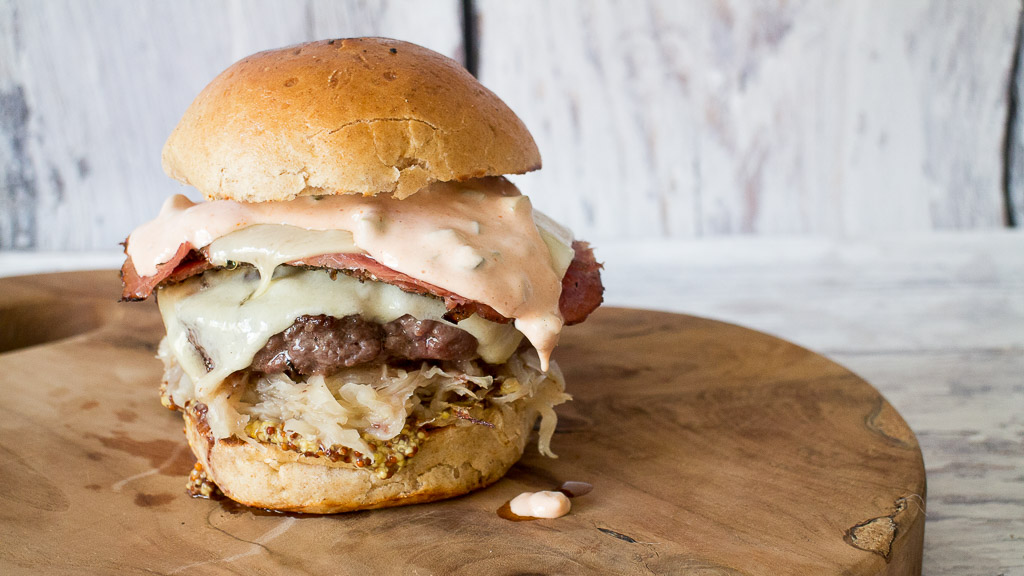 Double-Cheese Reuben-Burger